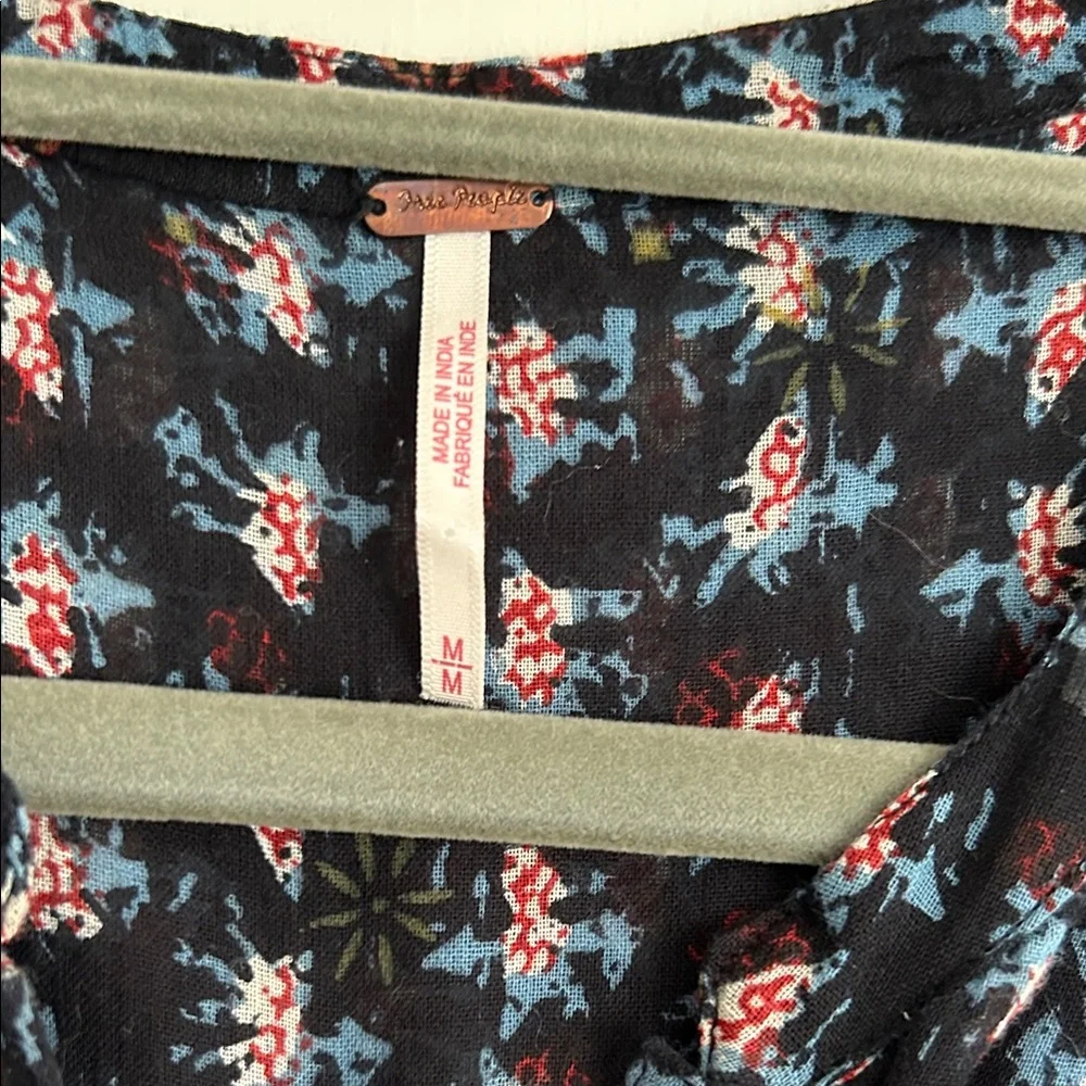 Free People Black Floral Ruffle Button-Front Blouse with Blue Trim - Picture 2 of 9